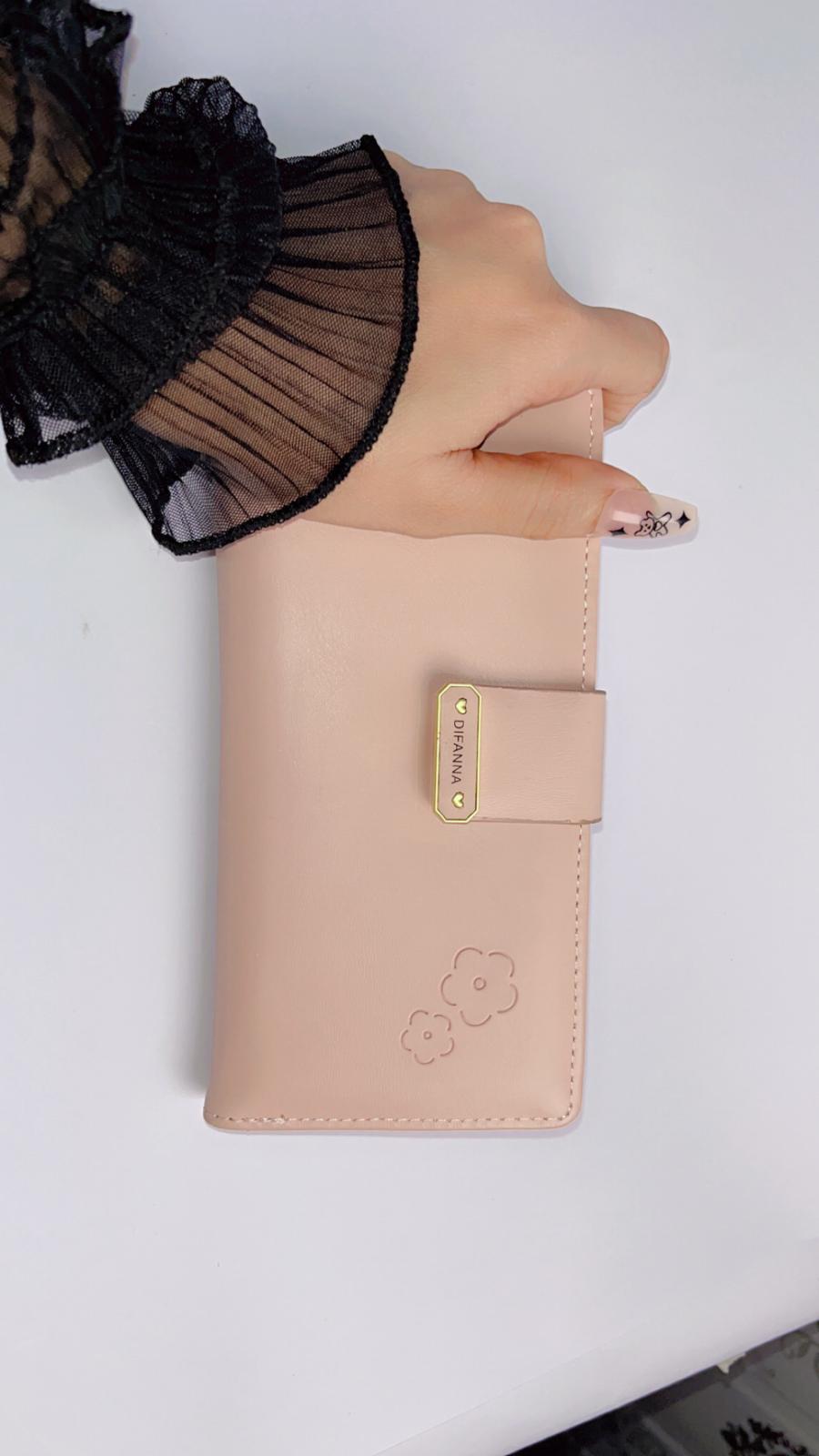 Elegant Blush Pink Long Wallet with Floral Embossing & Snap Strap