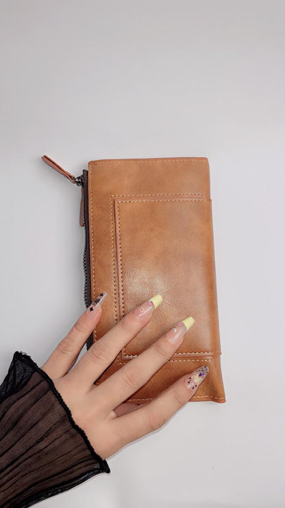 Premium Brown Long Wallet with Zipper Pocket & Snap Closure