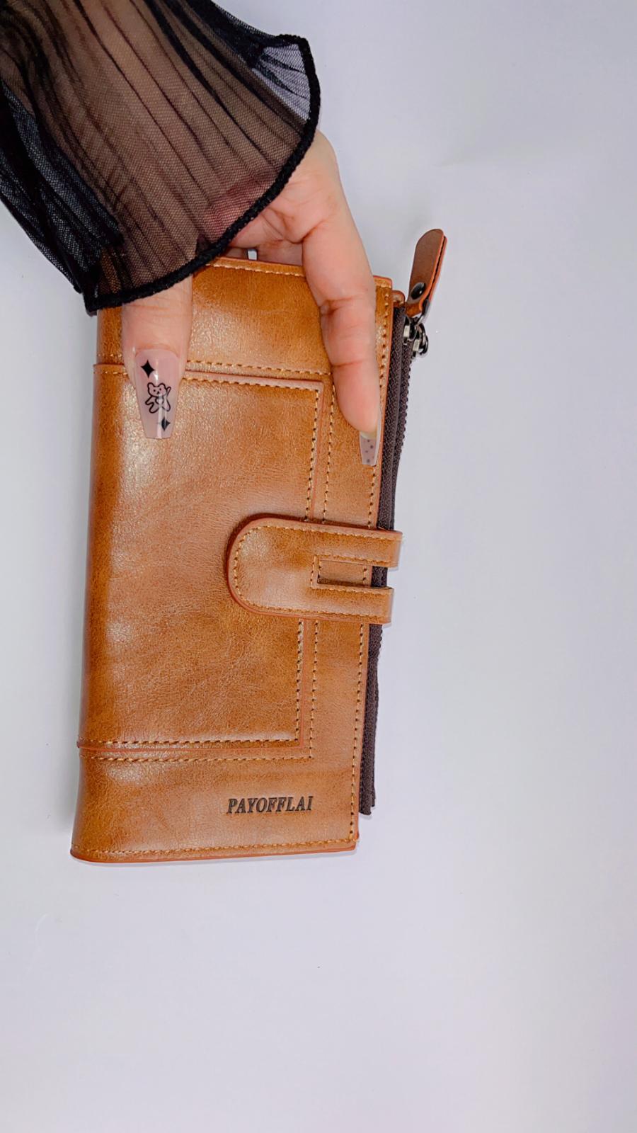 Premium Brown Long Wallet with Zipper Pocket & Snap Closure