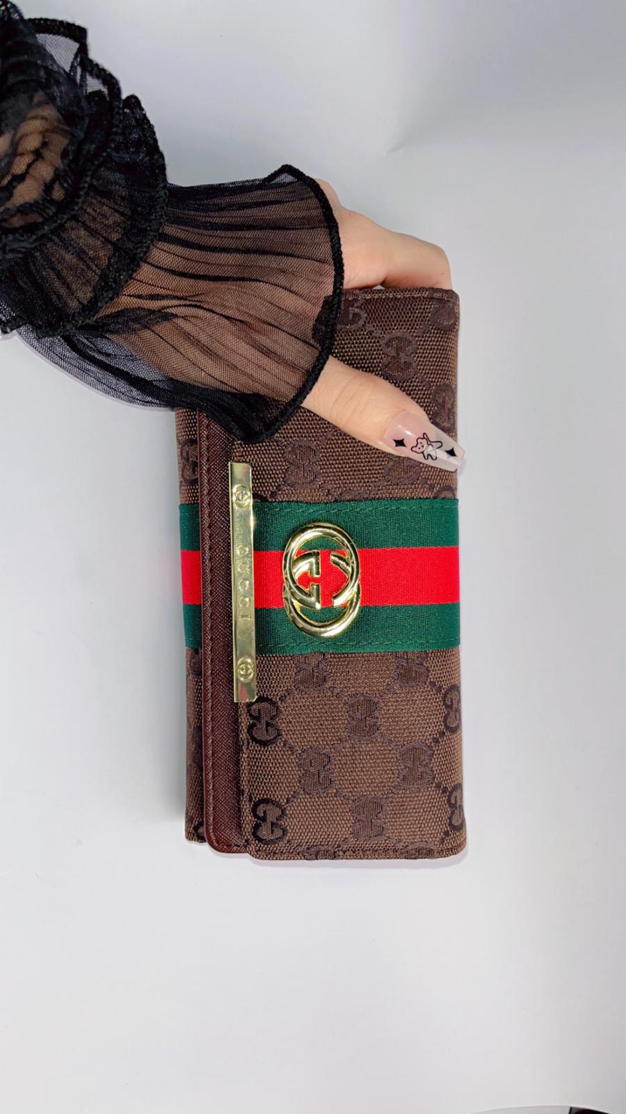 Luxury GG Stripe Long Wallet – Brown Monogram with Gold-Tone Emblem