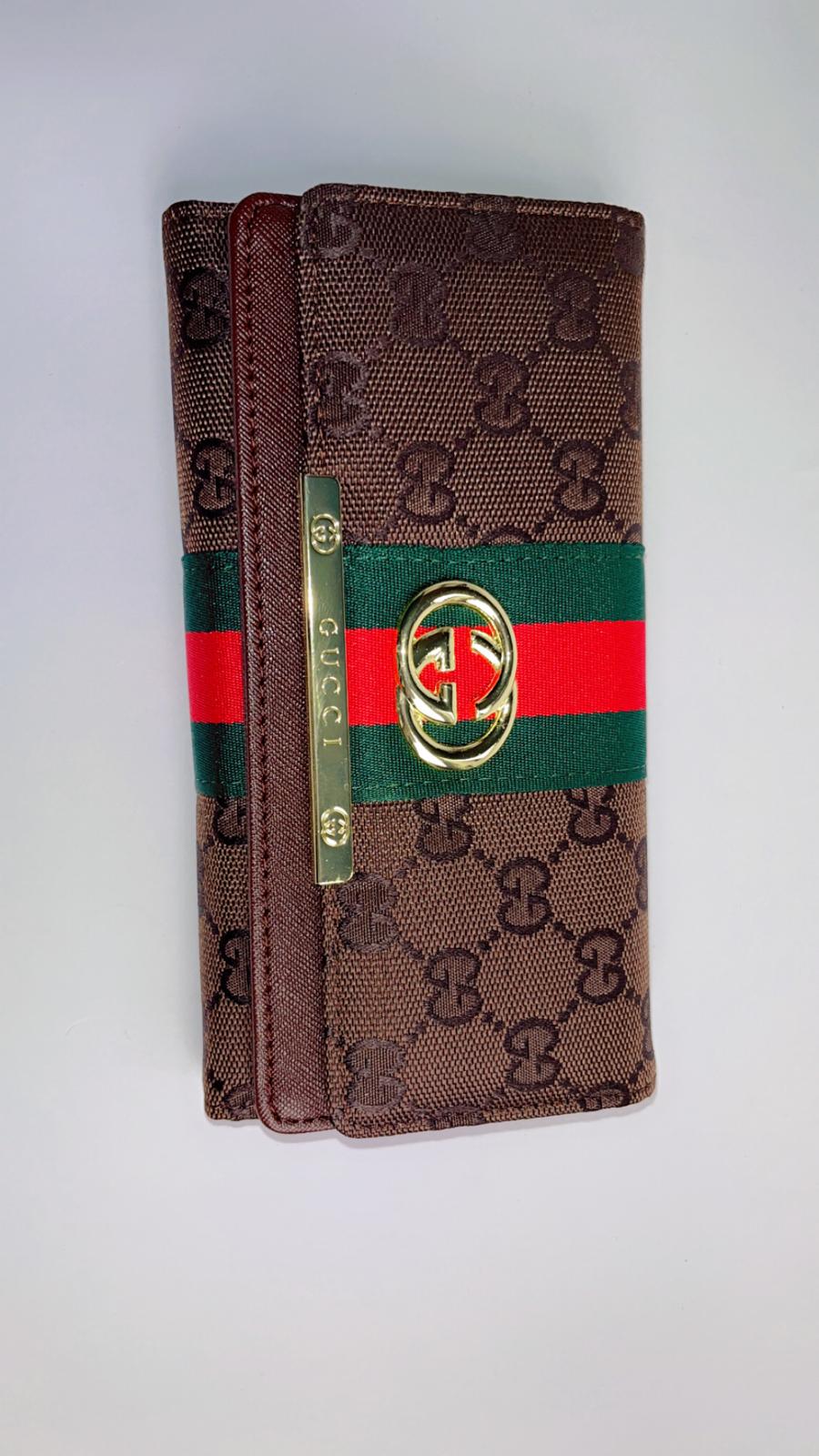 Luxury GG Stripe Long Wallet – Brown Monogram with Gold-Tone Emblem