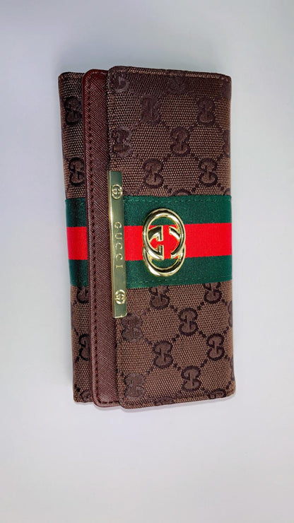 Luxury GG Stripe Long Wallet – Brown Monogram with Gold-Tone Emblem