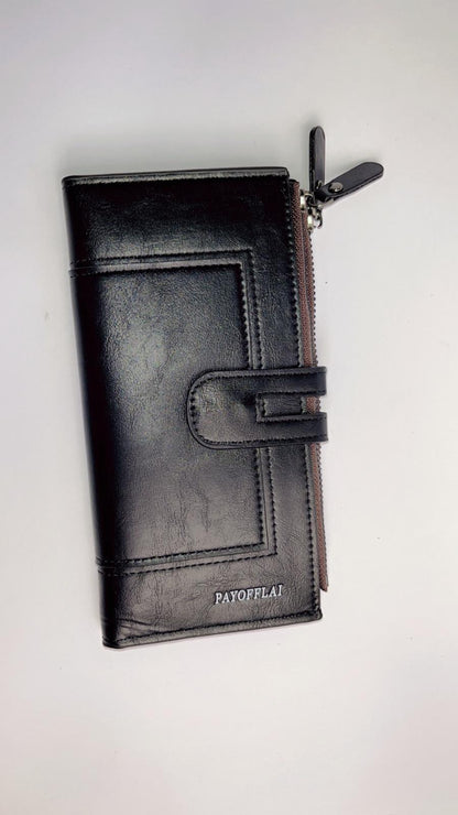Premium Brown Long Wallet with Zipper Pocket & Snap Closure