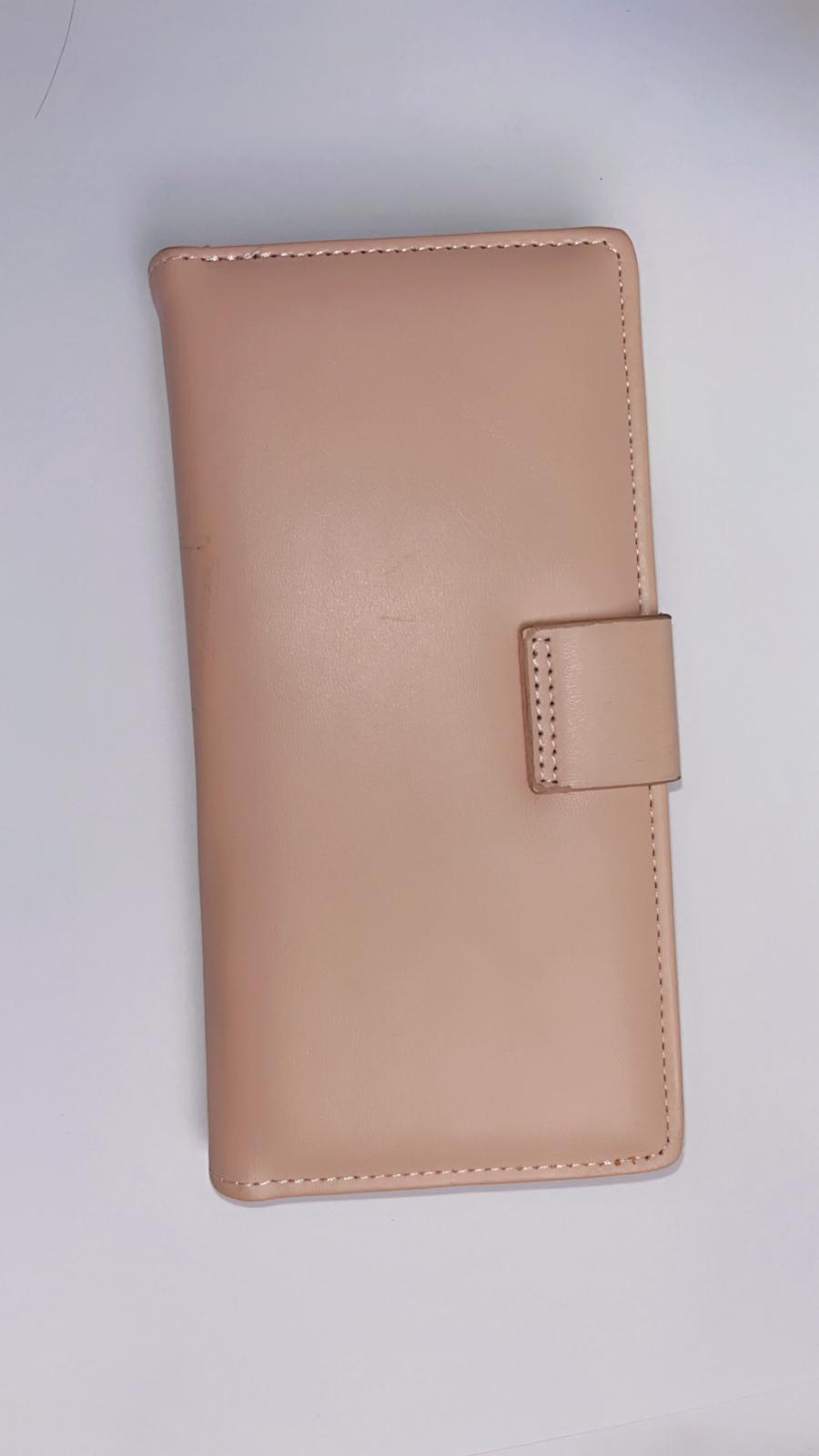 Elegant Blush Pink Long Wallet with Floral Embossing & Snap Strap