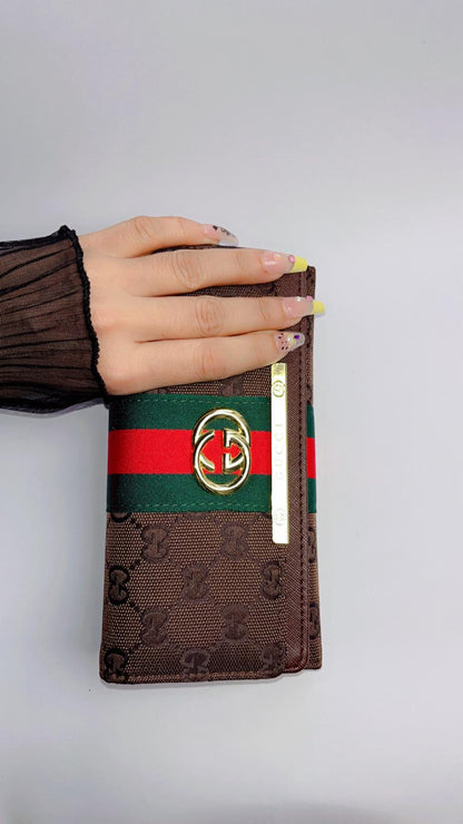 Luxury GG Stripe Long Wallet – Brown Monogram with Gold-Tone Emblem