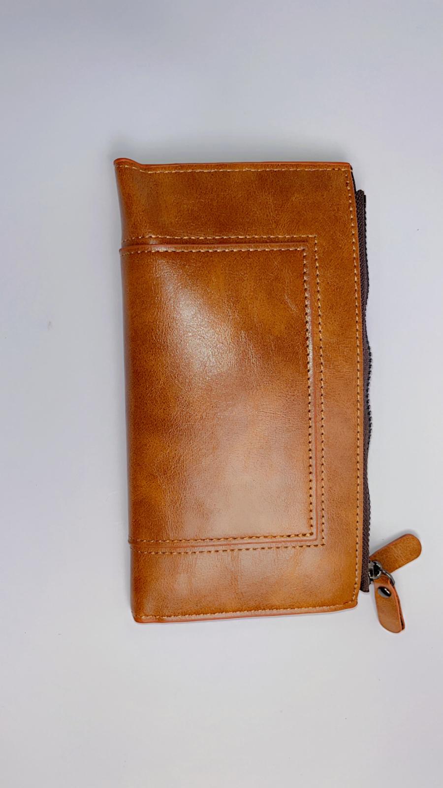 Premium Brown Long Wallet with Zipper Pocket & Snap Closure