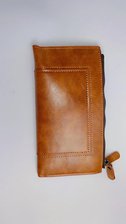 Premium Brown Long Wallet with Zipper Pocket & Snap Closure