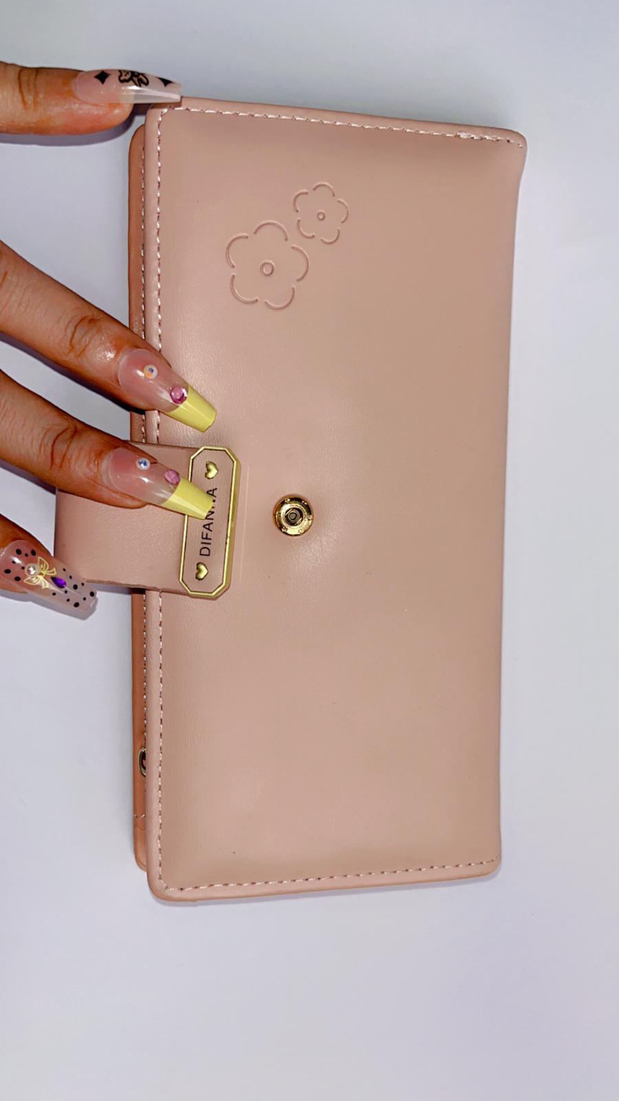 Elegant Blush Pink Long Wallet with Floral Embossing & Snap Strap