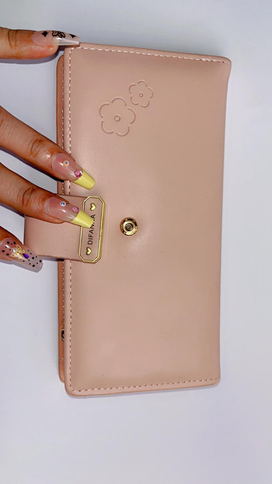 Elegant Blush Pink Long Wallet with Floral Embossing & Snap Strap