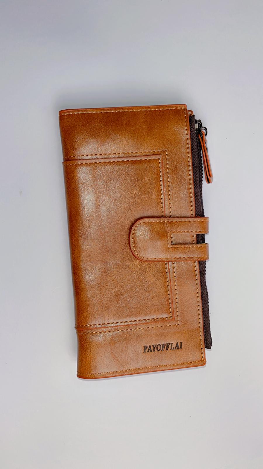 Premium Brown Long Wallet with Zipper Pocket & Snap Closure