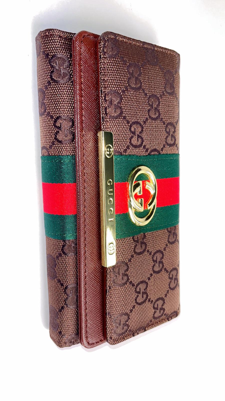 Luxury GG Stripe Long Wallet – Brown Monogram with Gold-Tone Emblem