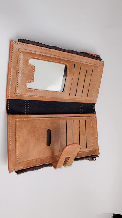 Premium Brown Long Wallet with Zipper Pocket & Snap Closure
