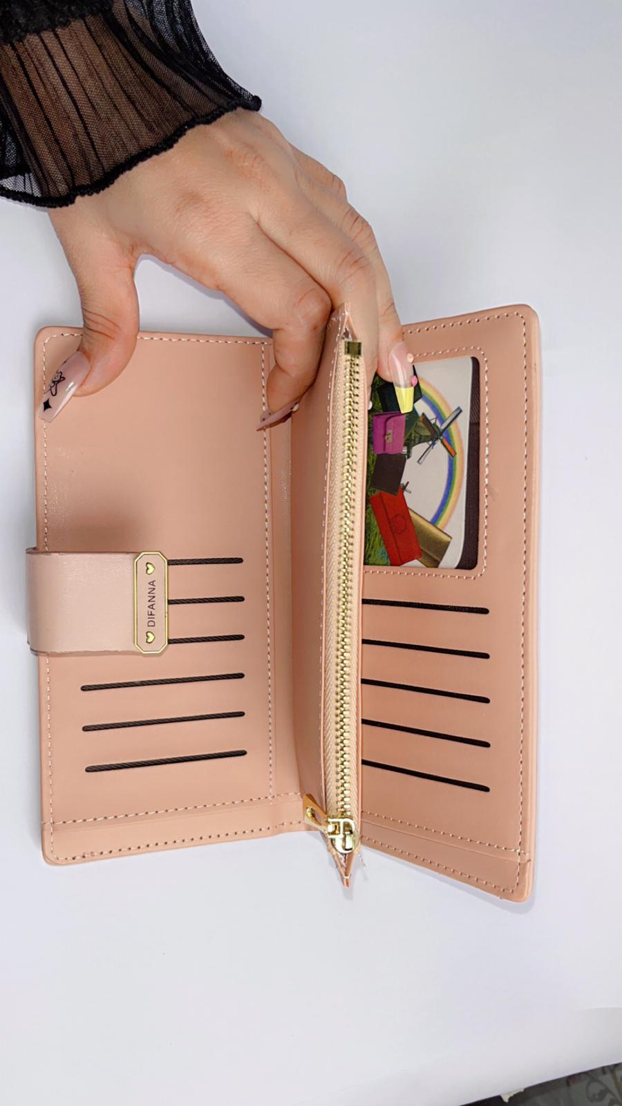 Elegant Blush Pink Long Wallet with Floral Embossing & Snap Strap