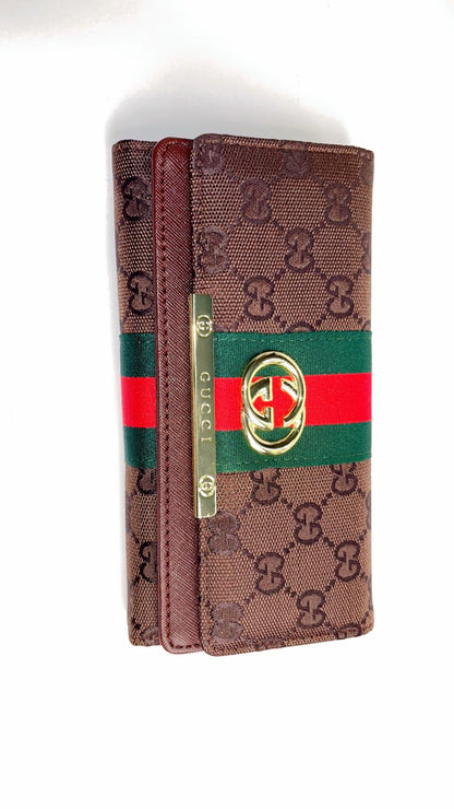 Luxury GG Stripe Long Wallet – Brown Monogram with Gold-Tone Emblem