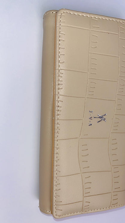 Elegant Beige Crocodile-Embossed Long Wallet for Women – Snap Closure & Spacious Interior