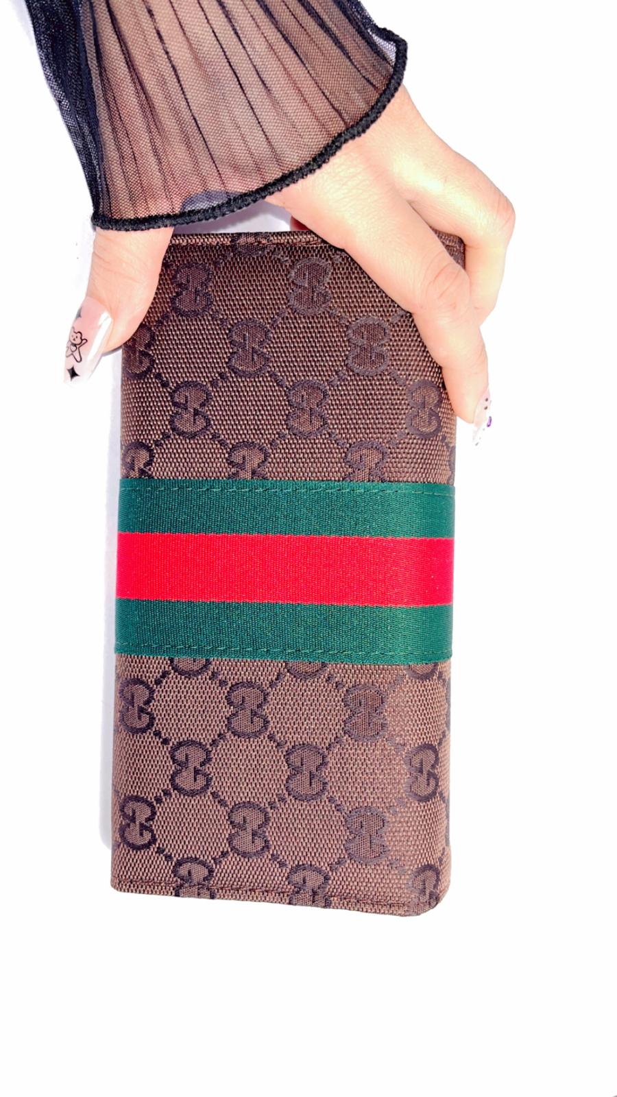 Luxury GG Stripe Long Wallet – Brown Monogram with Gold-Tone Emblem