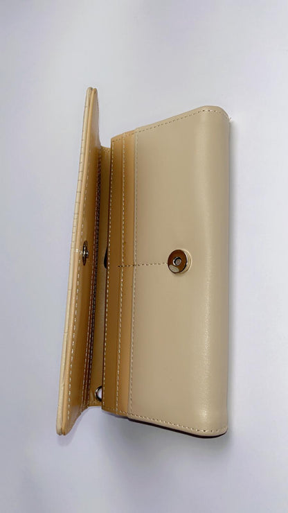 Elegant Beige Crocodile-Embossed Long Wallet for Women – Snap Closure & Spacious Interior