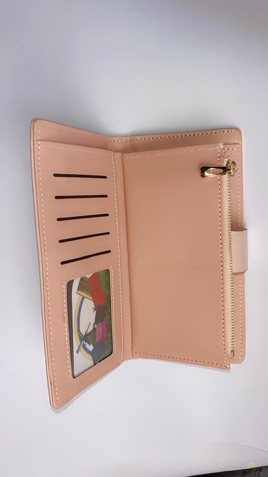 Elegant Blush Pink Long Wallet with Floral Embossing & Snap Strap