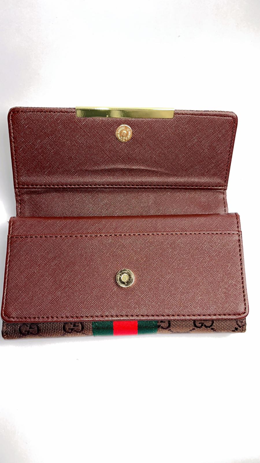 Luxury GG Stripe Long Wallet – Brown Monogram with Gold-Tone Emblem