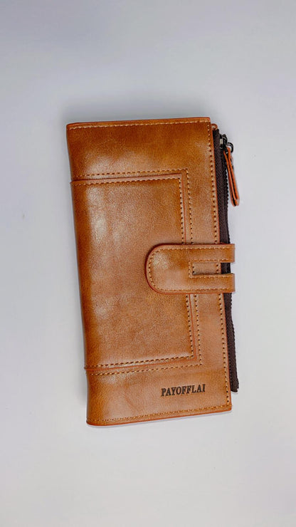 Premium Brown Long Wallet with Zipper Pocket & Snap Closure