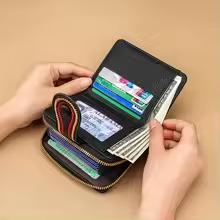 Compact Zip-Around Wallet with Snap Closure – Black with Contrast Stitching