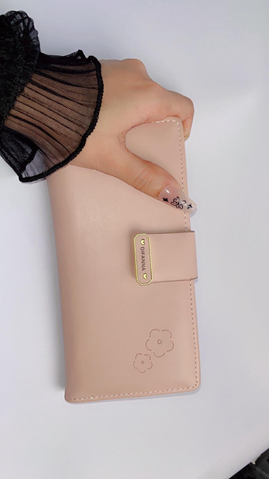 Elegant Blush Pink Long Wallet with Floral Embossing & Snap Strap