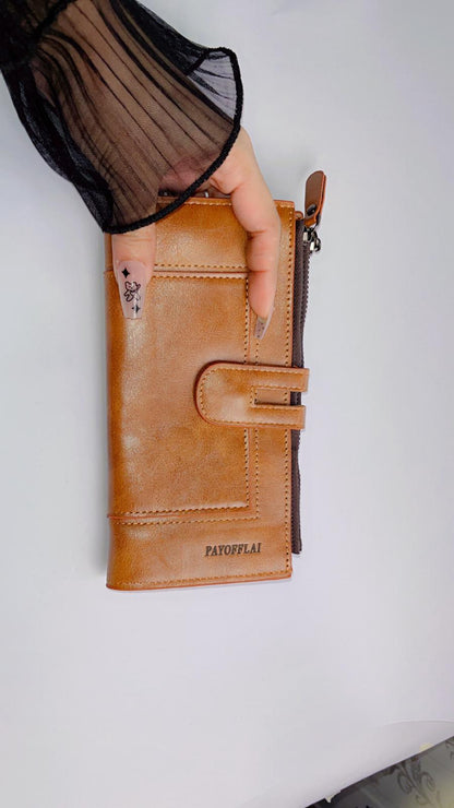 Premium Brown Long Wallet with Zipper Pocket & Snap Closure