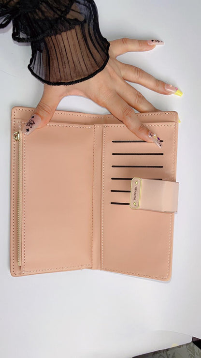 Elegant Blush Pink Long Wallet with Floral Embossing & Snap Strap