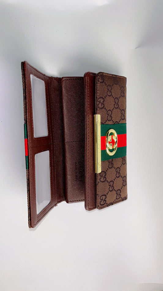 Luxury GG Stripe Long Wallet – Brown Monogram with Gold-Tone Emblem