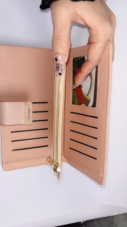 Elegant Blush Pink Long Wallet with Floral Embossing & Snap Strap