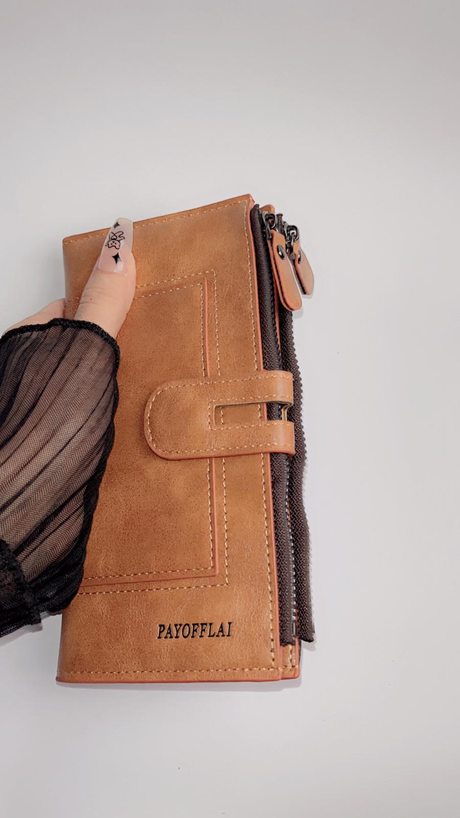 Premium Brown Long Wallet with Zipper Pocket & Snap Closure