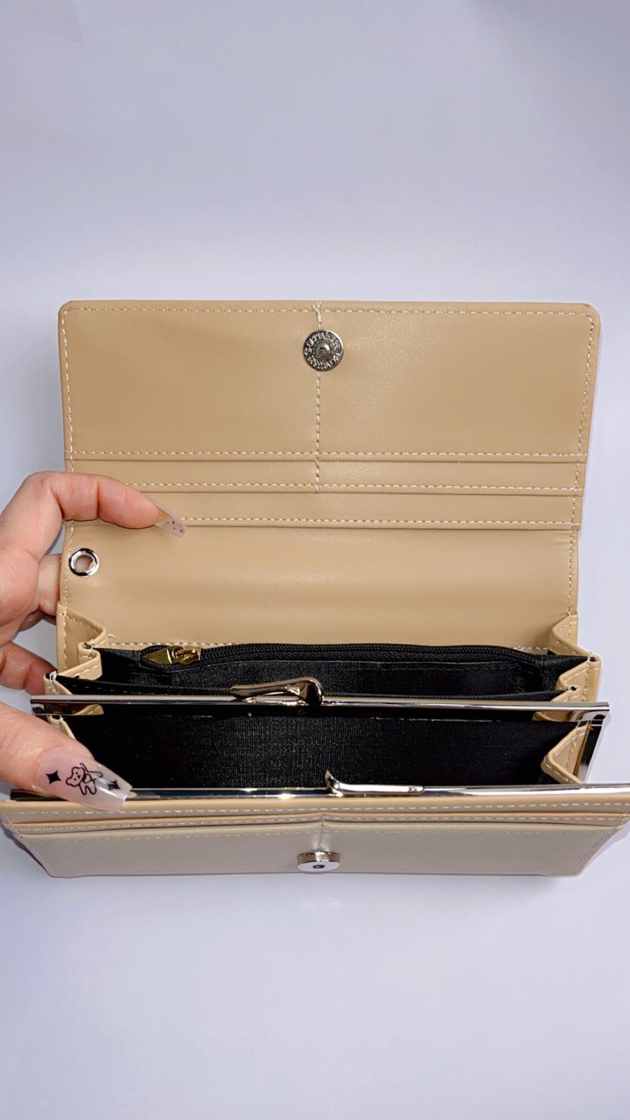 Elegant Beige Crocodile-Embossed Long Wallet for Women – Snap Closure & Spacious Interior